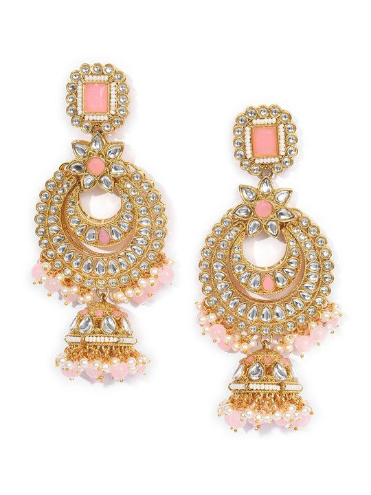 Gold-Plated White & Orange Stone Studded-Studded & Beaded Jewellery Set