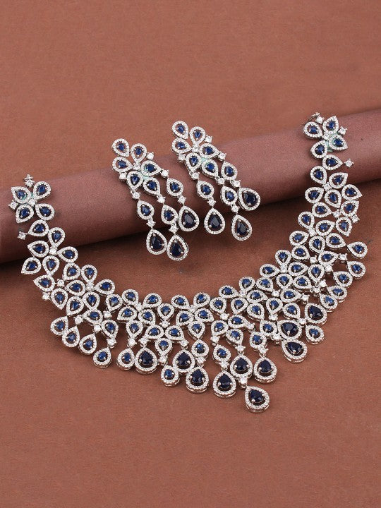 Davina Rhodium-Plated American Diamond Studded Necklace With Earrings