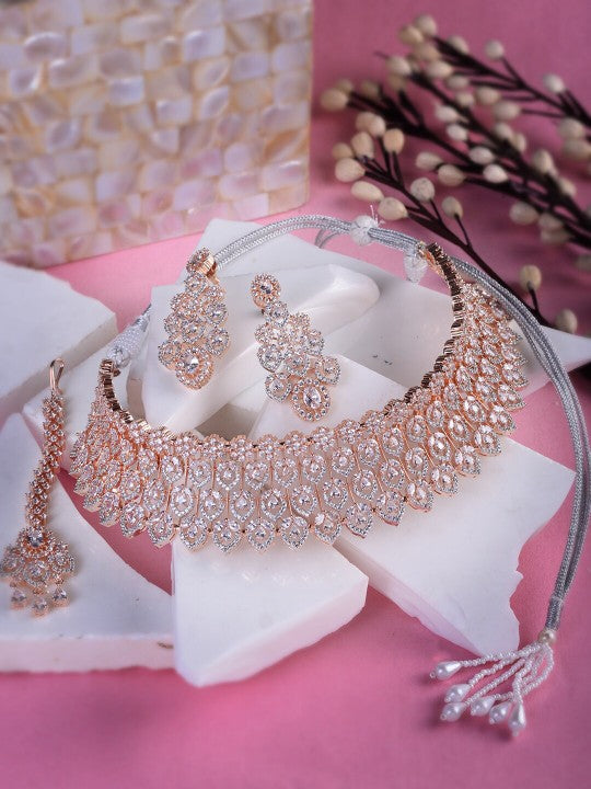 Rose Gold-Plated & White Studded Jewellery Set