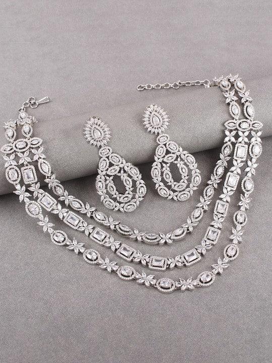 Rhodium-Plated American Diamond Studded Layered Necklace Set