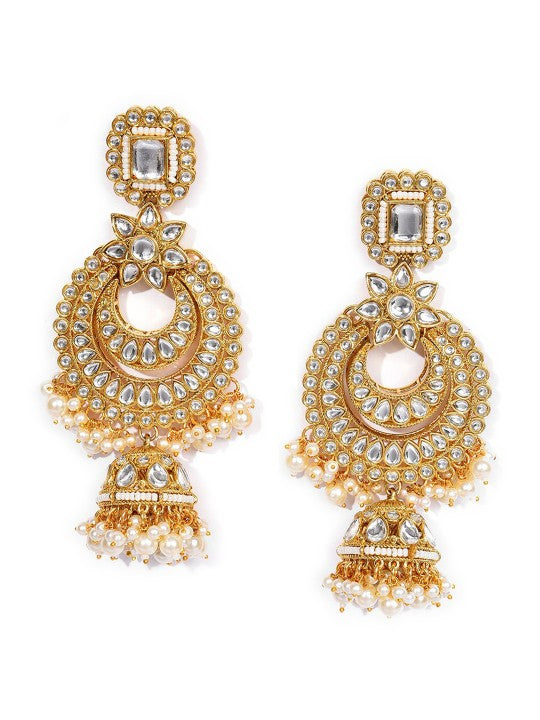 Gold-Plated White Stone Studded & Beaded Jewellery Set With Maang Tikka