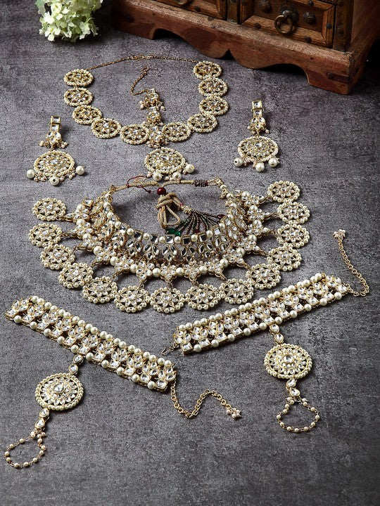 Gold-Plated White Kundan-Studded & Pearl Beaded Handcrafted Jewellery Set