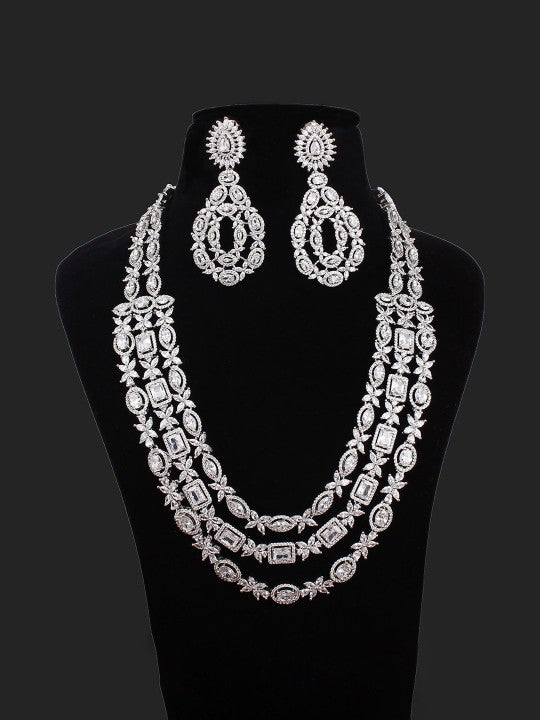 Rhodium-Plated American Diamond Studded Layered Necklace Set