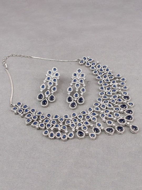 Davina Rhodium-Plated American Diamond Studded Necklace With Earrings