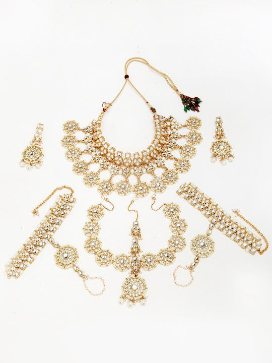 Gold-Plated White Kundan-Studded & Pearl Beaded Handcrafted Jewellery Set