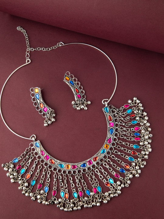 Oxidised Silver-Plated Stone-Studded Jewellery Set