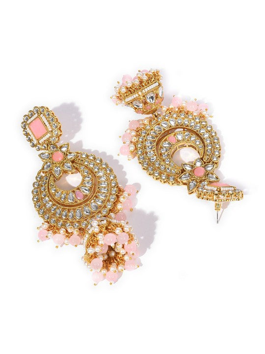 Gold-Plated White & Orange Stone Studded-Studded & Beaded Jewellery Set