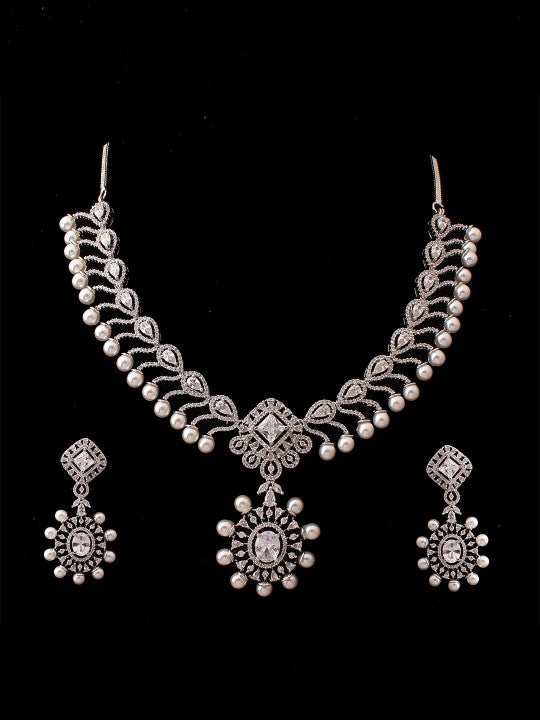 Rhodium-Plated Cubic Zirconia-Studded Jewellery Set