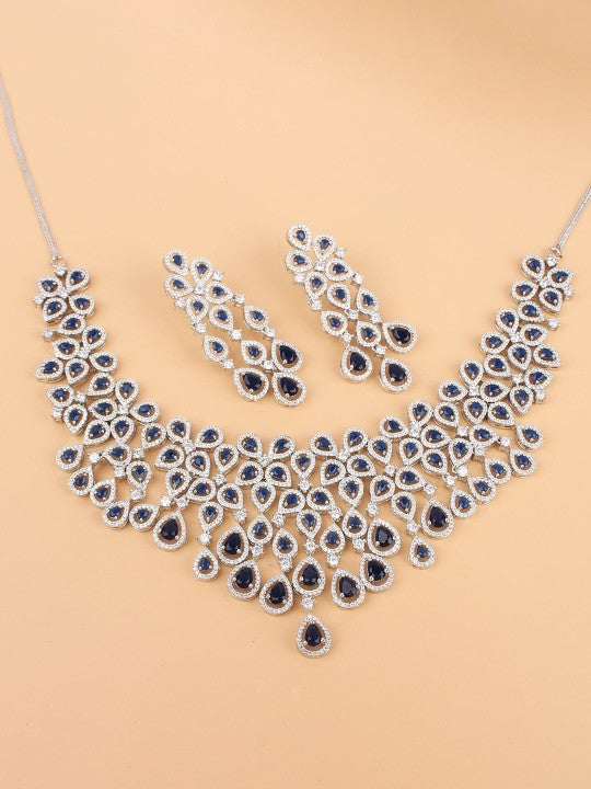 Davina Rhodium-Plated American Diamond Studded Necklace With Earrings