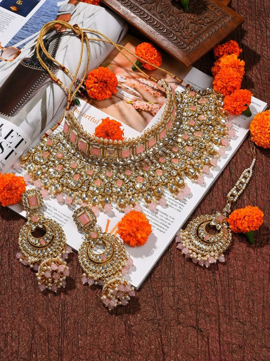 Gold-Plated White & Orange Stone Studded-Studded & Beaded Jewellery Set