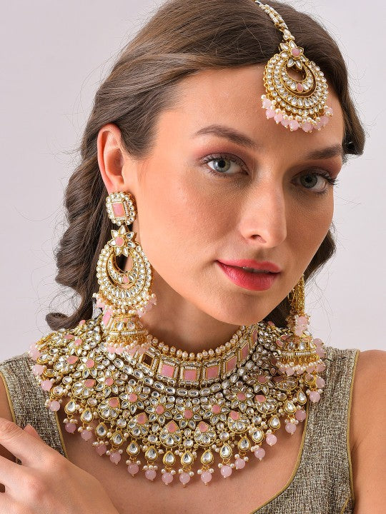 Gold-Plated White & Orange Stone Studded-Studded & Beaded Jewellery Set