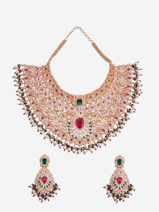 Gold-Plated Zircon Studded & Pearl Beaded Jewellery Set