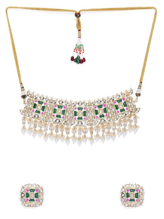 Green & White Kundan Studded Gold-Plated Meenakari Jewellery Set