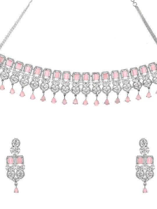 Rhodium-Plated White & Pink CZ Studded Jewellery Set