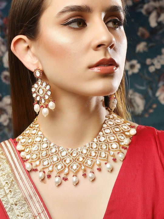 Polki Gold-Plated & White Stones-Studded Jewellery Set