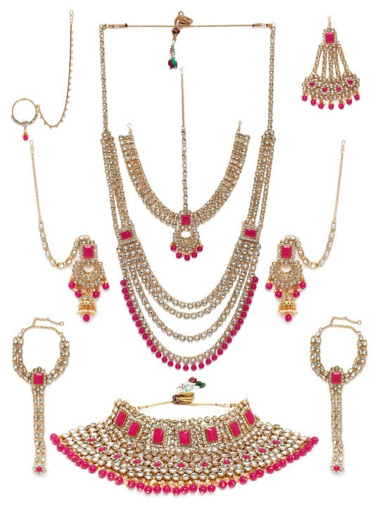 Red Gold-Plated Kundan Studded Bridal Jewellery Set