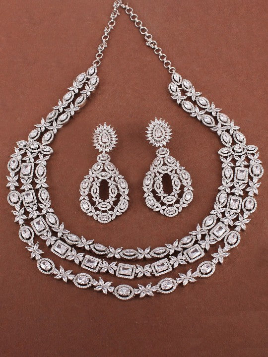 Rhodium-Plated American Diamond Studded Layered Necklace Set