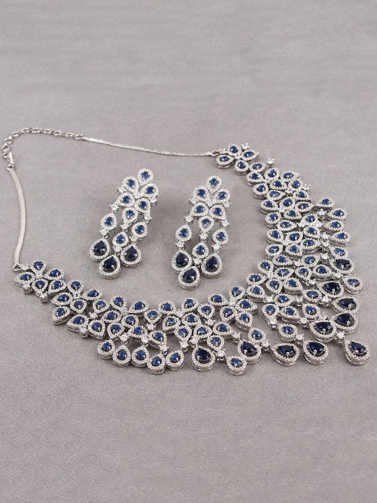 Davina Rhodium-Plated American Diamond Studded Necklace With Earrings