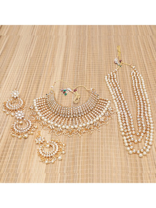 Gold-Plated White Kundan-Studded & Beaded Jewellery Set