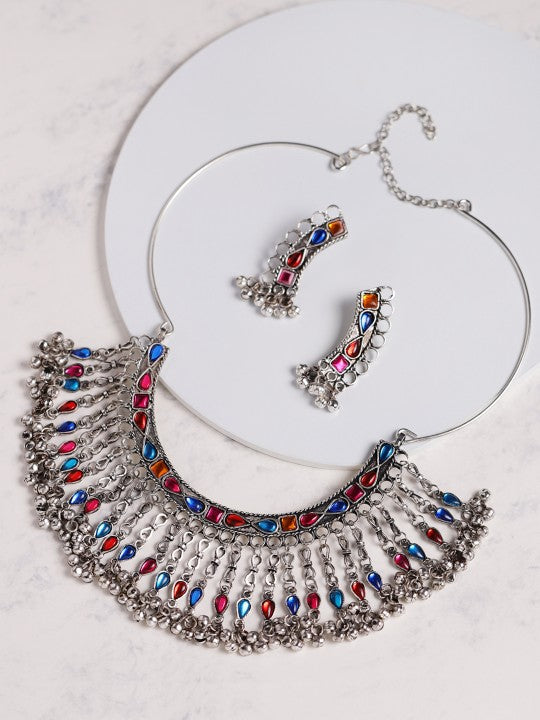 Oxidised Silver-Plated Stone-Studded Jewellery Set