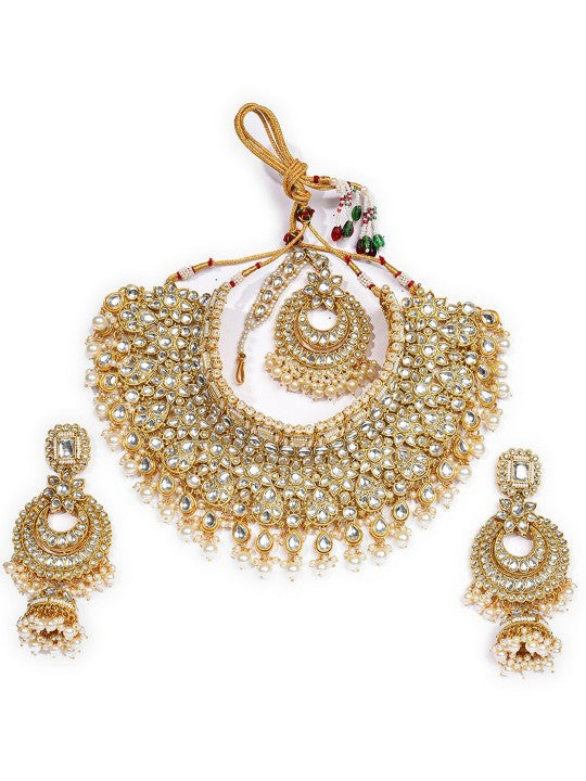 Gold-Plated White Stone Studded & Beaded Jewellery Set With Maang Tikka