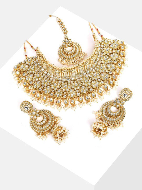 Gold-Plated White Stone Studded & Beaded Jewellery Set With Maang Tikka