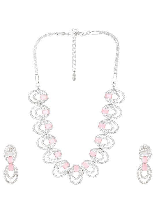 Rhodium Plated CZ Circular Designer Necklace Set with Mint Pink Crystals