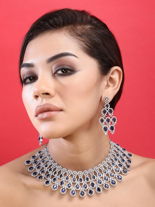 Rhodium-Plated American Diamond Studded Necklace & Earrings