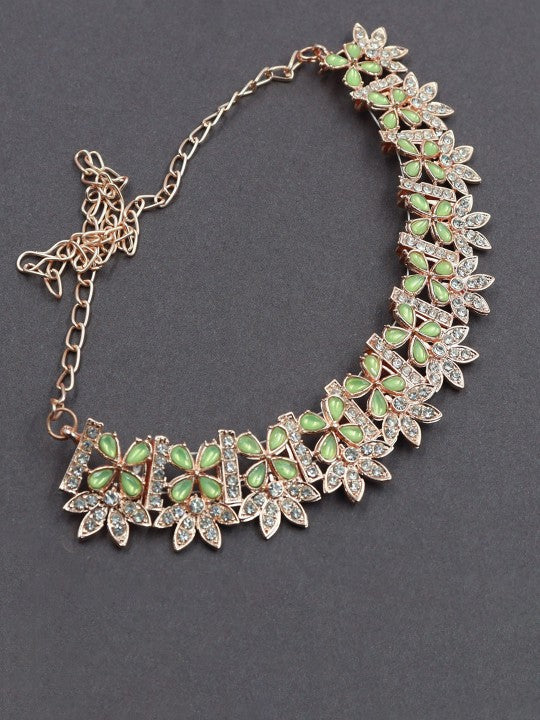 Rose Gold-Plated AD Stone-Studded Choker Necklace With Earrings & With Maang Tika