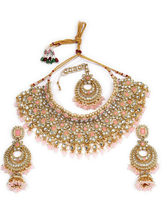 Gold-Plated White & Orange Stone Studded-Studded & Beaded Jewellery Set