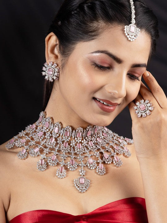 Rhodium-Plated AD-Studded Necklace & Earrings With Maang Tika