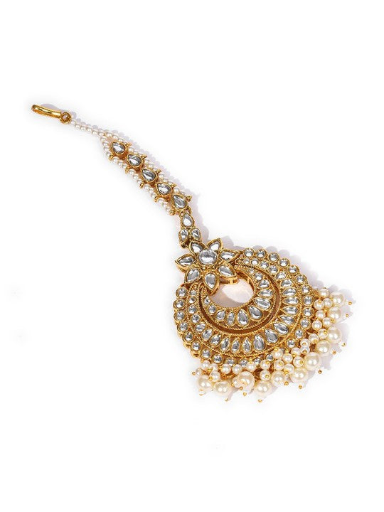 Gold-Plated White Stone Studded & Beaded Jewellery Set With Maang Tikka