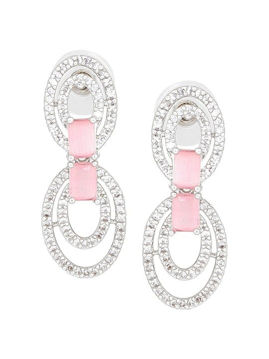 Rhodium Plated CZ Circular Designer Necklace Set with Mint Pink Crystals