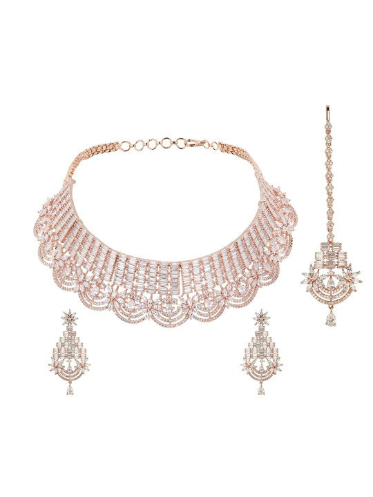 Rose Gold-Plated & White American Diamond Studded Jadau Designer Jewellery Set