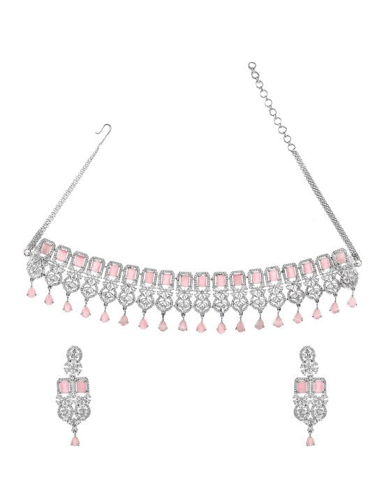 Rhodium-Plated White & Pink CZ Studded Jewellery Set