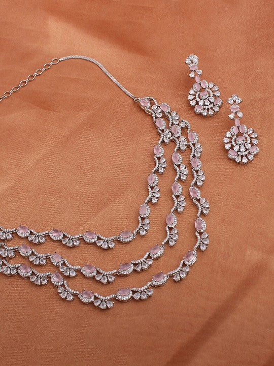 Rhodium-Plated Cubic Zirconia Studded Necklace Set