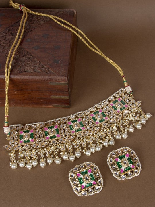 Green & White Kundan Studded Gold-Plated Meenakari Jewellery Set