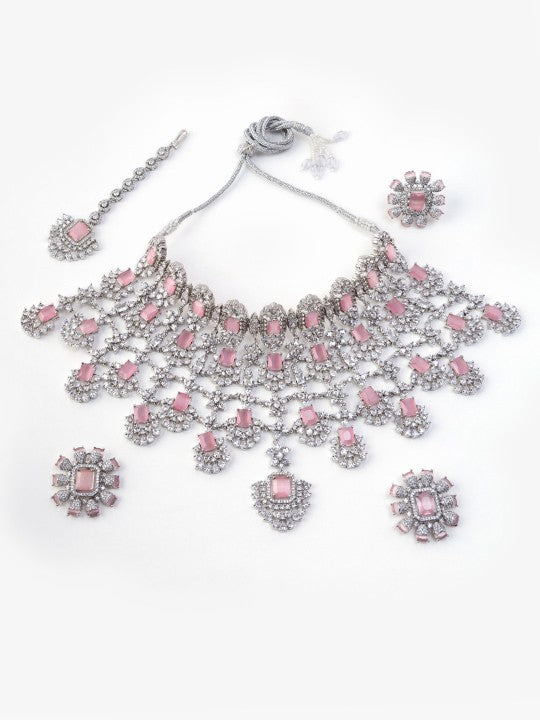 Rhodium-Plated AD-Studded Necklace & Earrings With Maang Tika