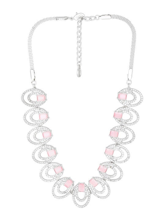 Rhodium Plated CZ Circular Designer Necklace Set with Mint Pink Crystals