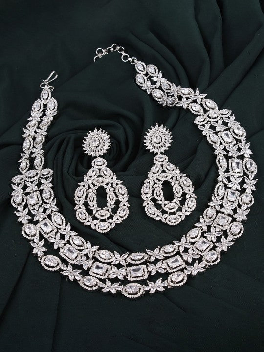 Rhodium-Plated American Diamond Studded Layered Necklace Set