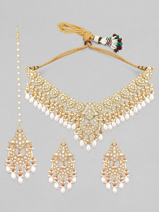 Gold-Plated White Stone Studded & Beaded Jewellery Set