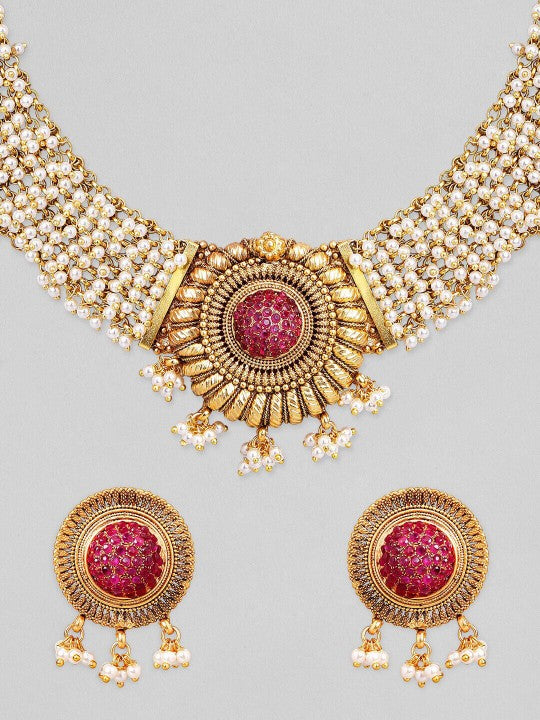 Gold-Plated White & Red Stone Studded & Beaded Jewellery Set