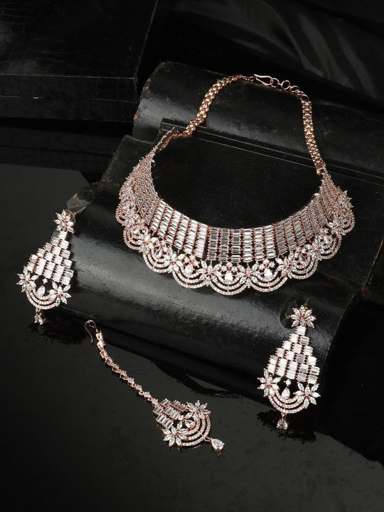 Rose Gold-Plated & White American Diamond Studded Jadau Designer Jewellery Set