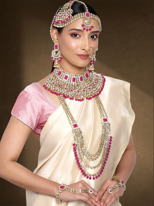 Red Gold-Plated Kundan Studded Bridal Jewellery Set