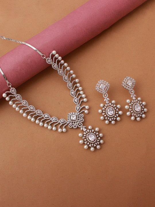 Rhodium-Plated Cubic Zirconia-Studded Jewellery Set