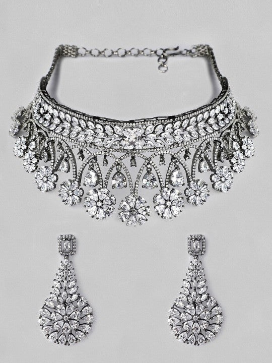 Oxidised Silver-Plated White AD-Studded Handcrafted Jewellery Set