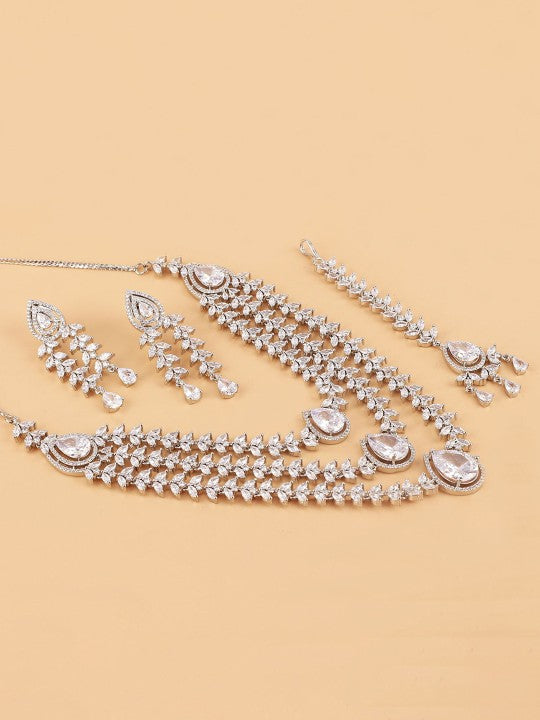 Rhodium-Plated AD-Studded Necklace & Earrings With Maang Tika