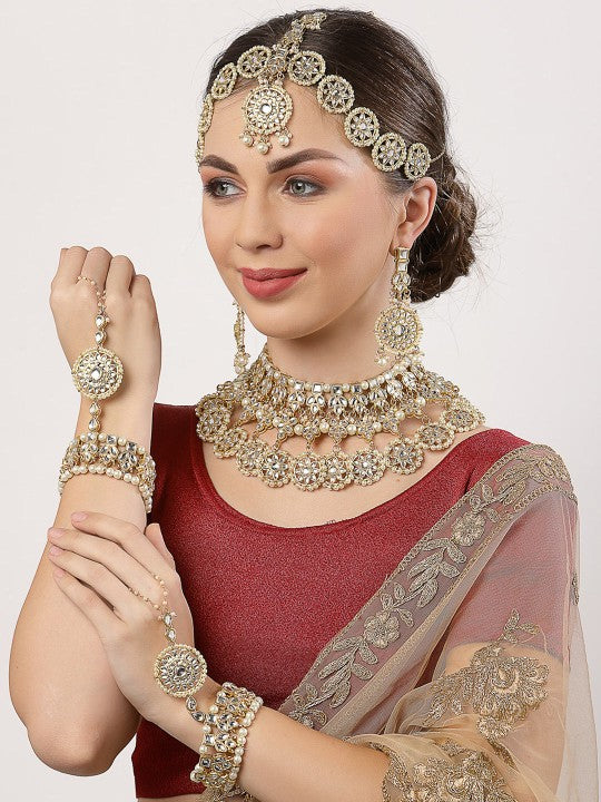 Gold-Plated White Kundan-Studded & Pearl Beaded Handcrafted Jewellery Set