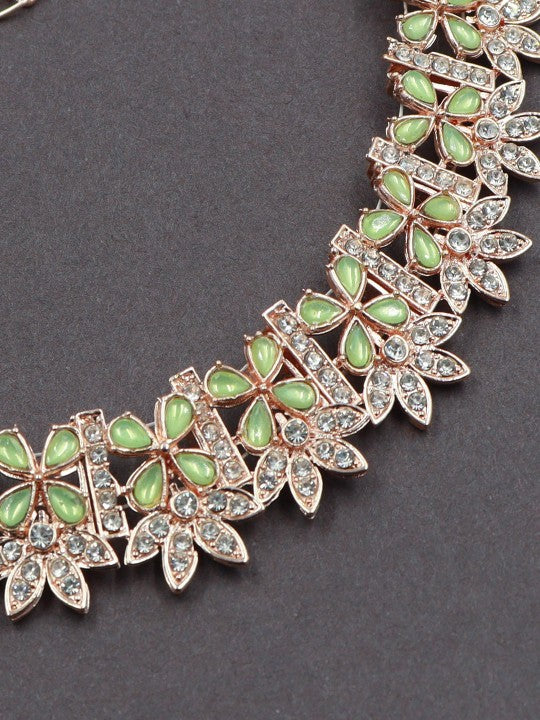 Rose Gold-Plated AD Stone-Studded Choker Necklace With Earrings & With Maang Tika