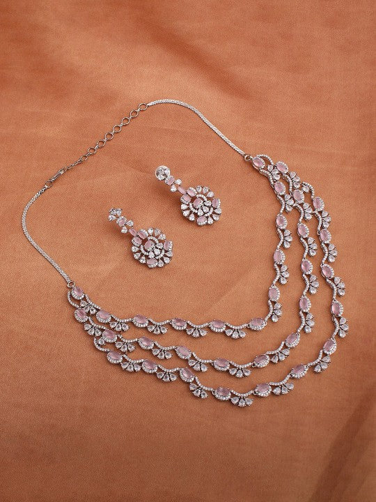 Rhodium-Plated Cubic Zirconia Studded Necklace Set